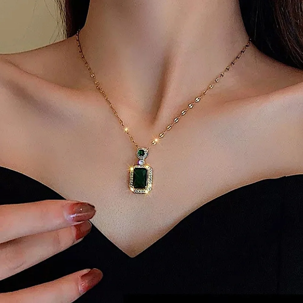 Emerald Gold Plated Zircon Charm Pendant Necklace Matching Earrings Set